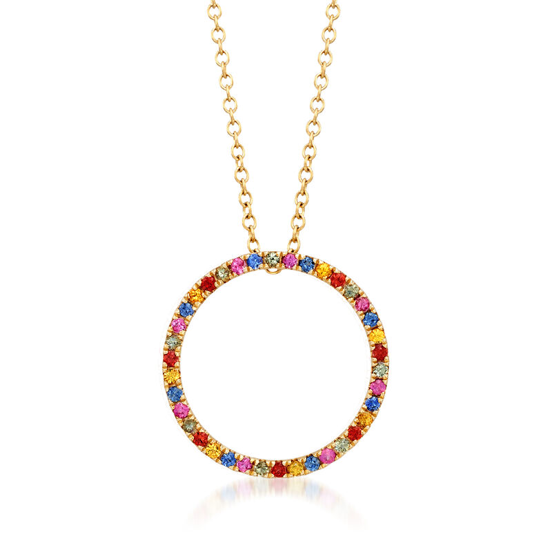 .50 ct. t.w. Multicolored Sapphire Open Circle Pendant Necklace in 14kt Yellow Gold. 18&quot; image number 1