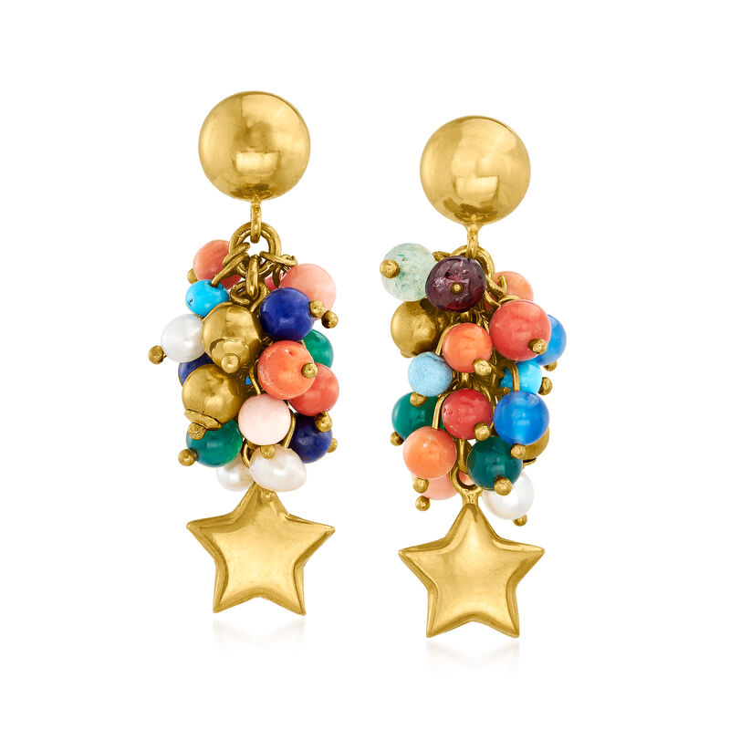 C. 1980 Vintage 3mm Cultured Pearl and Multi-Gem Beaded Star Drop Earrings in 18kt Yellow Gold image number 0