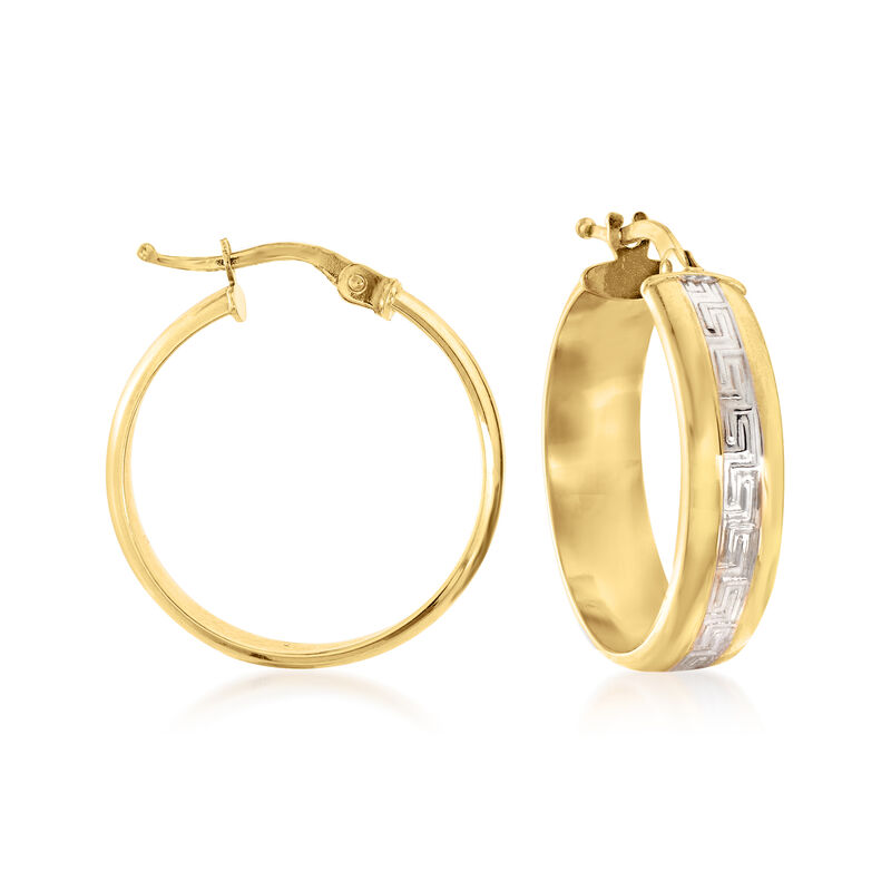 Italian 14kt Two-Tone Gold Greek Key Hoop Earrings. 7/8&quot;. image number 0