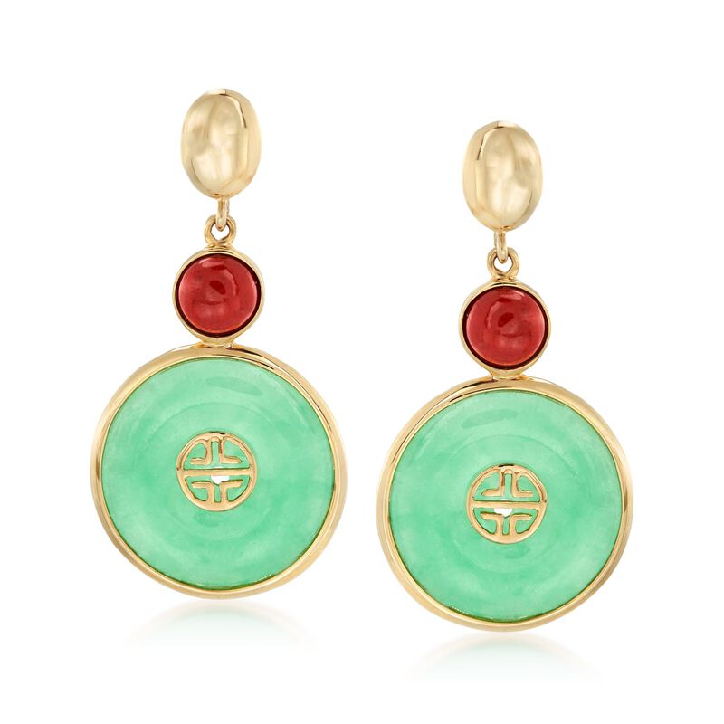 Red and Green Jade &quot;Long Life&quot; Drop Earrings in 14kt Yellow Gold image number 0