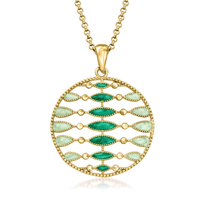 Italian Green Enamel Open-Space Circle Necklace in 18kt Gold Over Sterling. 18&quot; image number 1