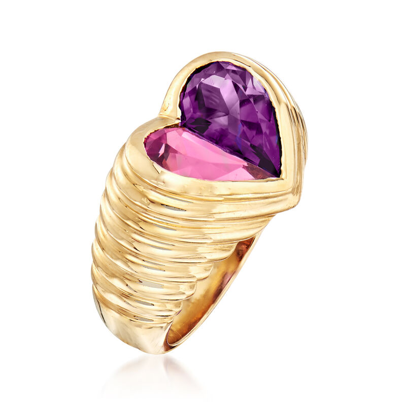 C. 1990 Vintage Bulgari 1.25 Carat Pink Tourmaline and 1.10 Carat Amethyst Heart Ring in 18kt Yellow Gold image number 2