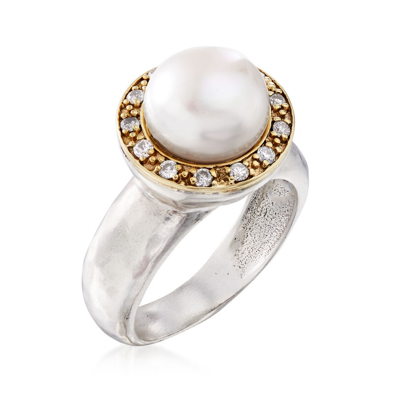 10mm Cultured Pearl and .20 ct. t.w. Diamond Ring in Sterling Silver and 14kt Yellow Gold image number 2
