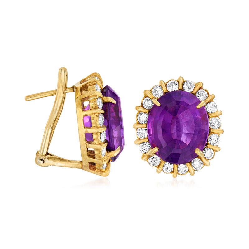C. 1970 Vintage 9.80 ct. t.w. Amethyst and 1.10 ct. t.w. Diamond Frame Earrings in 14kt Yellow Gold image number 2