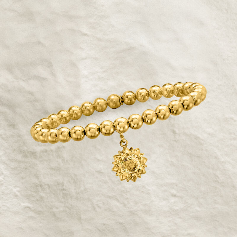 Italian 6mm 18kt Gold Over Sterling Bead Stretch Bracelet with Sunflower Charm image number 2