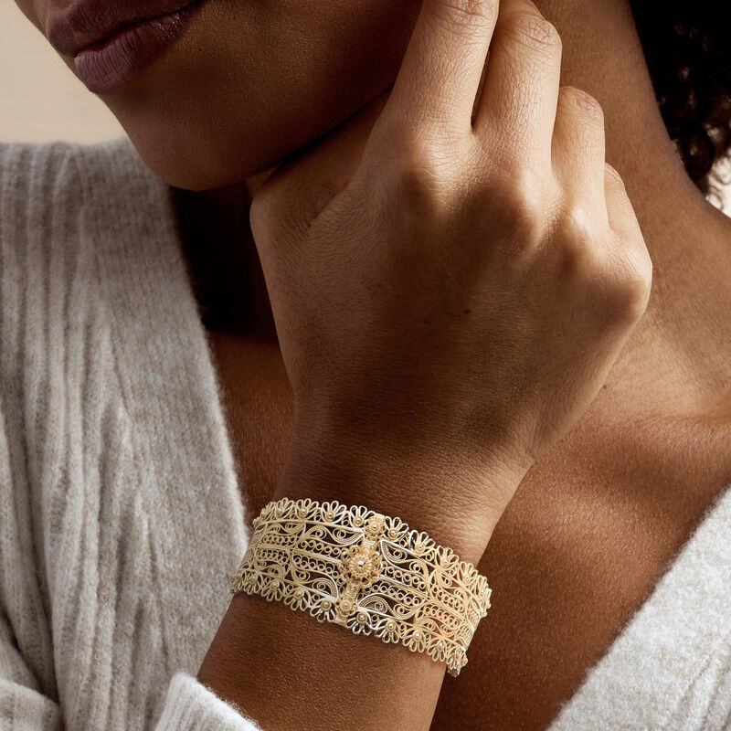 14kt Yellow Gold-Plated Floral Filigree Cuff Bracelet image number 1