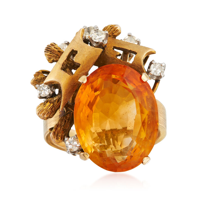 C. 1960 Vintage 9.30 Carat Citrine and .25 ct. t.w. Diamond Geometric-Style Ring in 14kt Yellow Gold. Size 6 image number 0