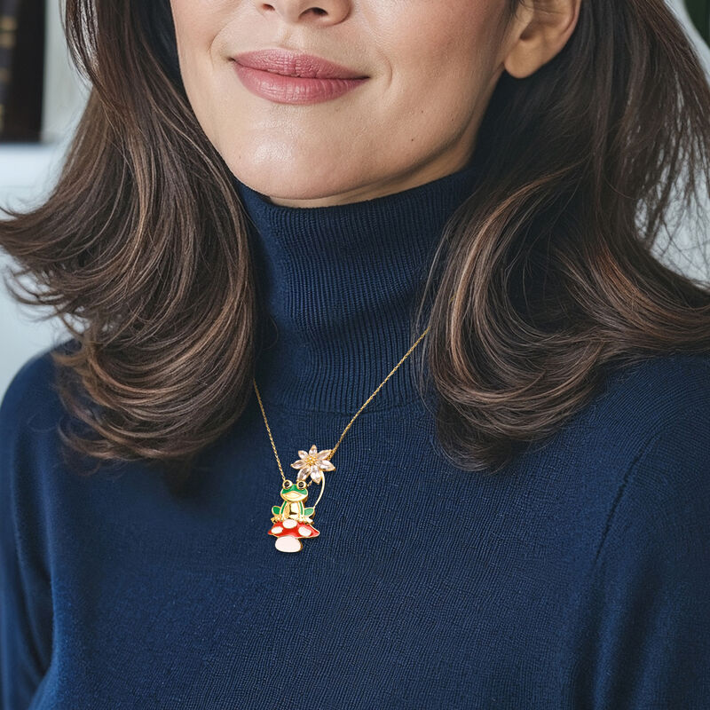 2.60 ct. t.w. White Topaz and .10 ct. t.w. Black Spinel Sitting Frog Pin/Pendant with Multicolored Enamel in 18kt Gold Over Sterling  image number 0