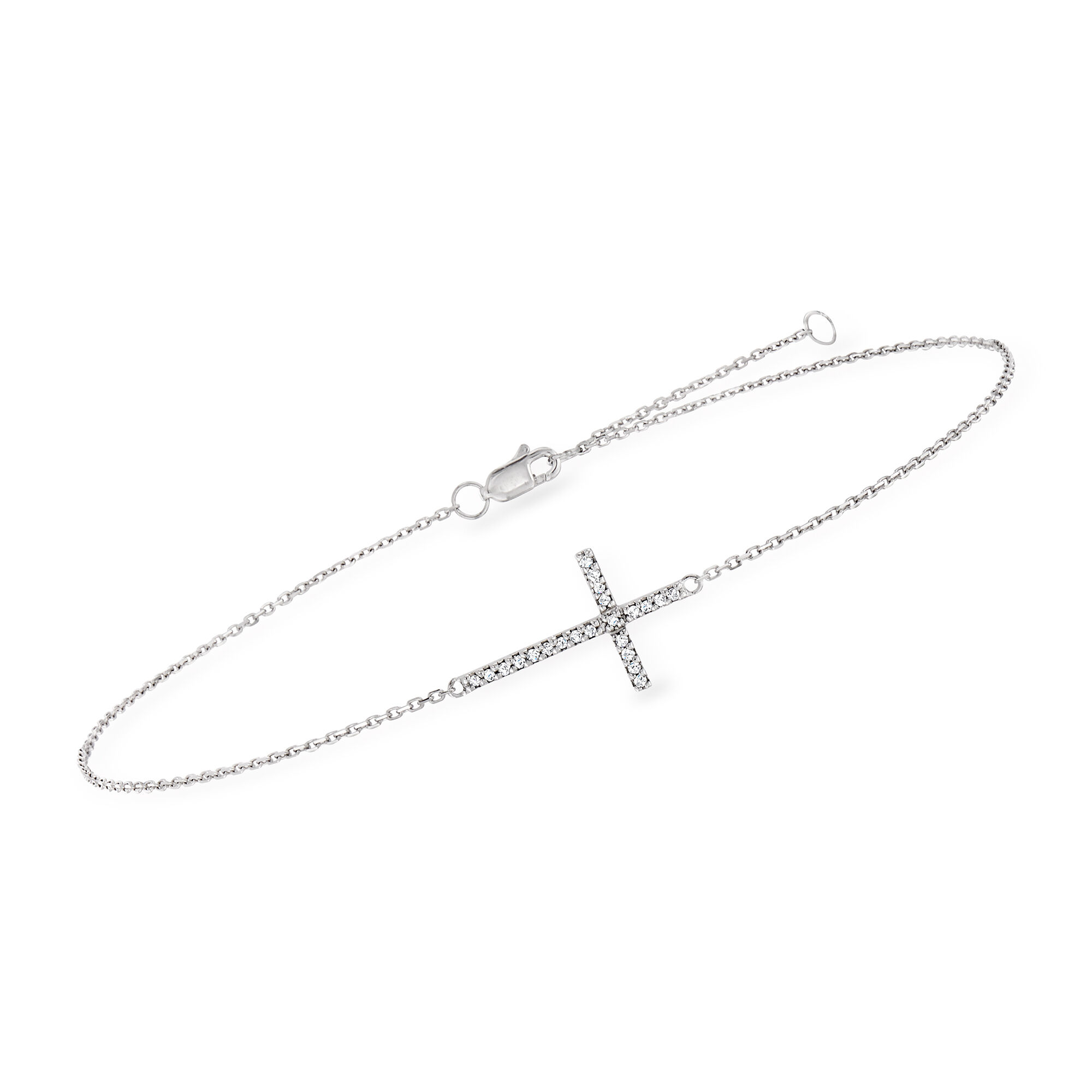 14kt White Gold Sideways Cross Anklet with Diamond Accents. 9