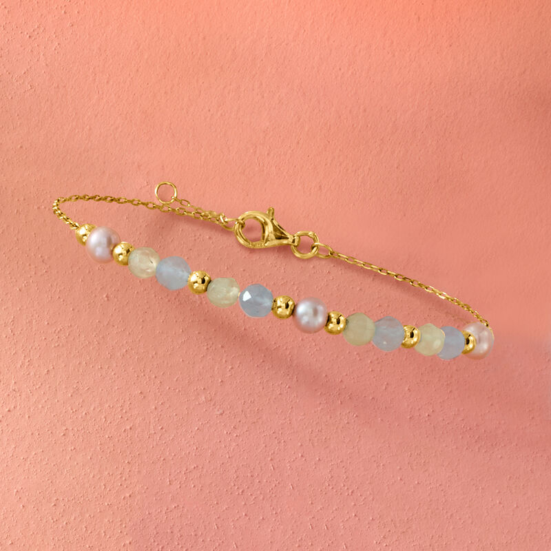1.80 ct. t.w. Aquamarine and 4-4.5mm Prehnite Bead Bracelet with 4.5-5mm Cultured Pearls in 18kt Gold Over Sterling image number 2