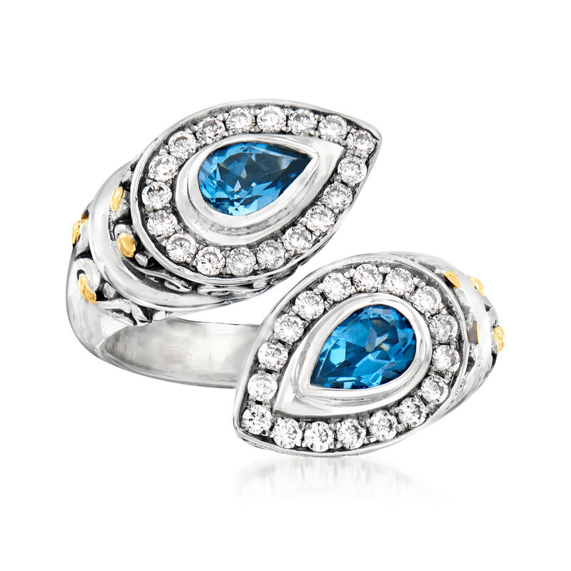 1.00 ct. t.w. Swiss Blue Topaz Bali-Style Bypass Ring with .70 ct. t.w. White Zircon in Sterling Silver with 18kt Gold image number 0
