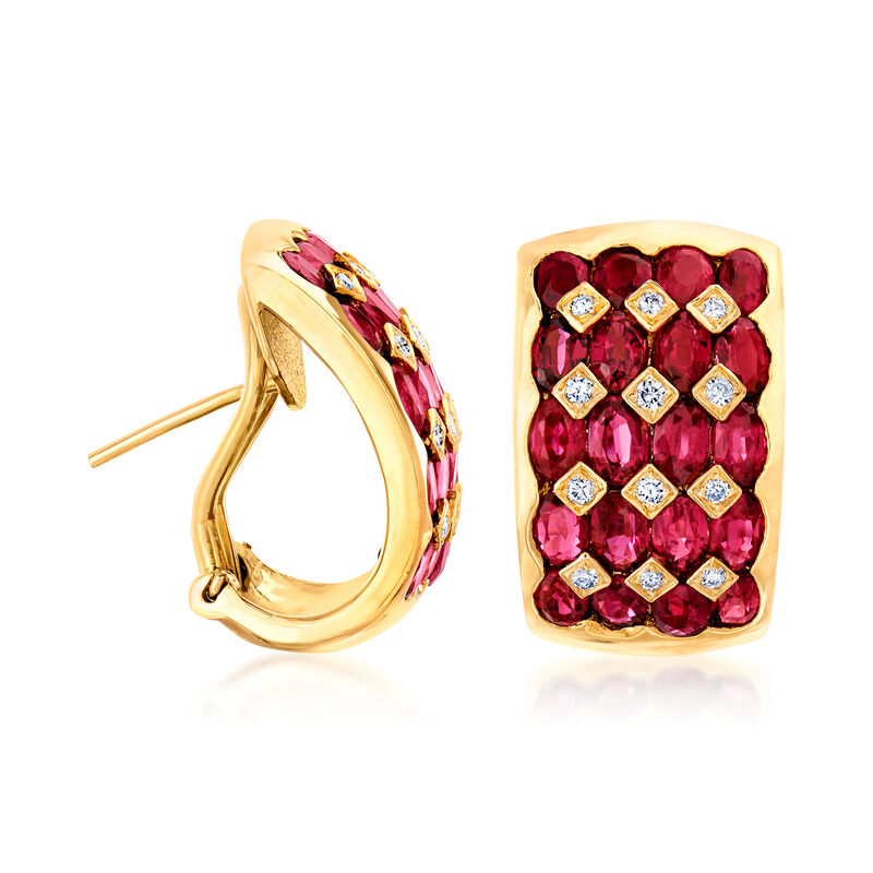 C. 1980 Vintage 8.48 ct. t.w. Ruby and .24 ct. t.w. Diamond J-Hoop Earrings in 18kt Yellow Gold image number 2