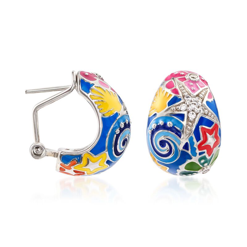 Belle Etoile &quot;Starfish&quot; Blue and Multicolored Enamel Half-Hoop Earrings with CZs in Sterling Silver. 5/8&quot; image number 2