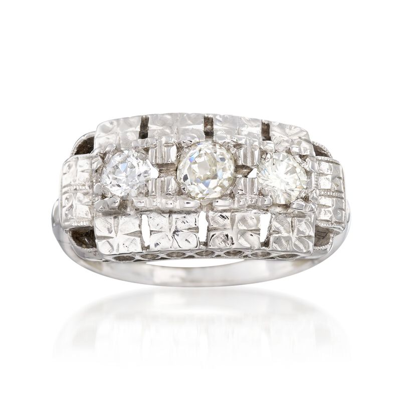 C. 1950 Vintage .58 ct. t.w. Diamond Floral Engraved Ring in 14kt White Gold. Size 6 image number 0