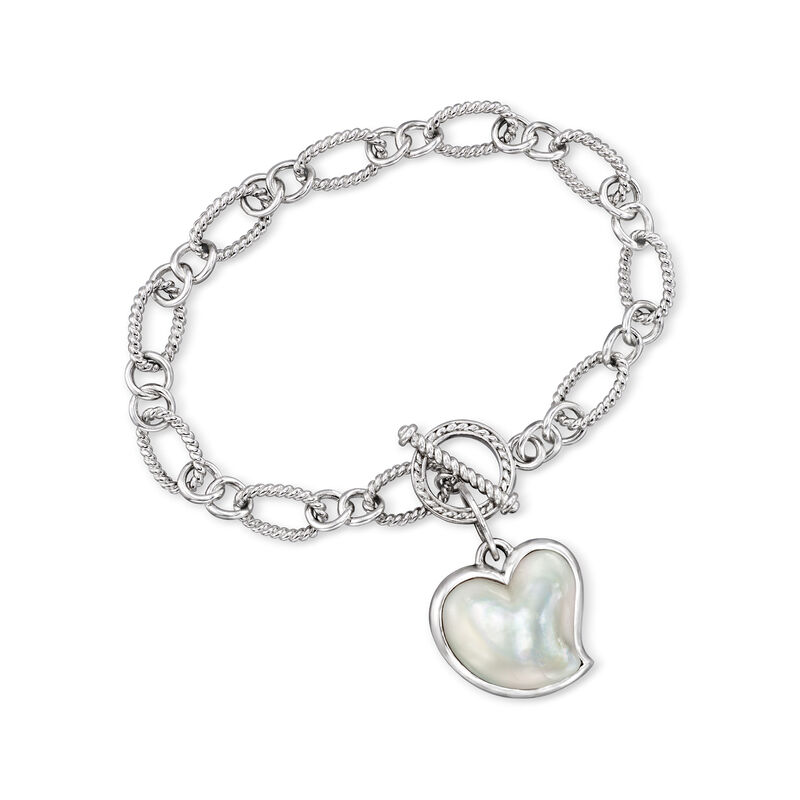 Mother-of-Pearl and Onyx Heart Charm Bracelet in Sterling Silver. 7&quot; image number 0