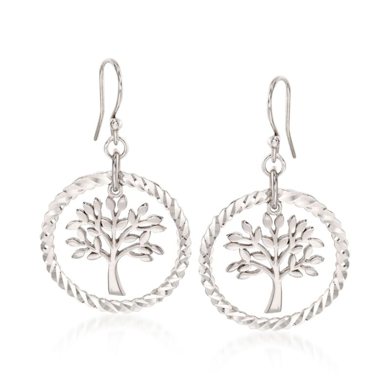 Sterling Silver Diamond-Cut and Polished Tree of Life Drop Earrings  image number 0
