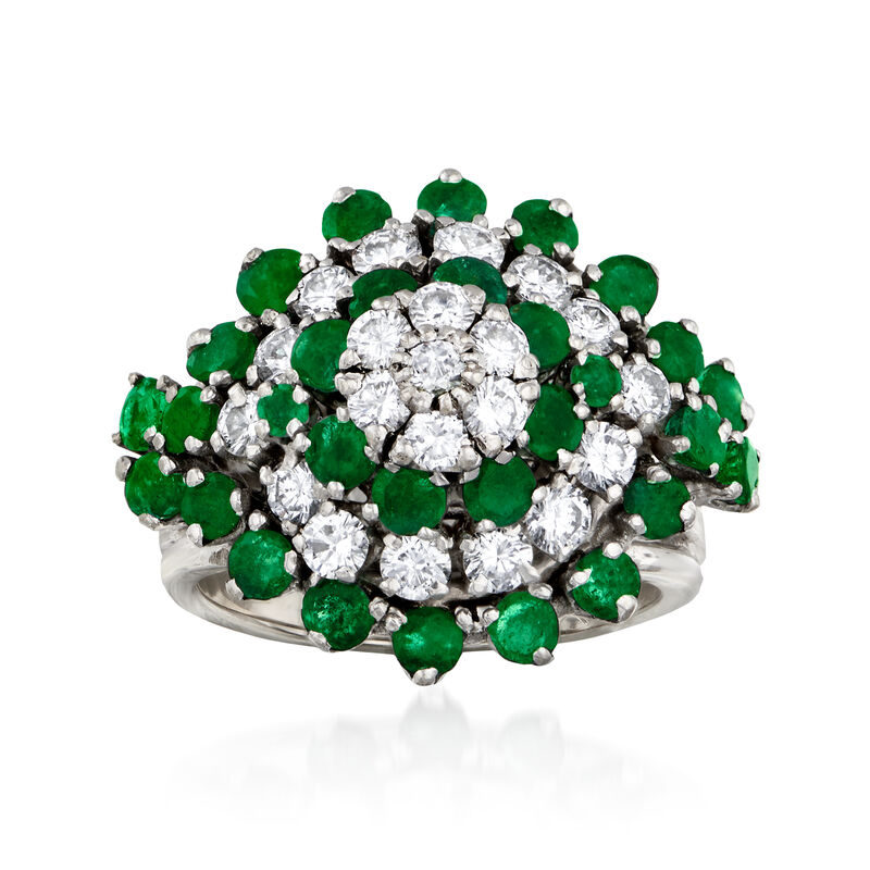 C. 1980 Vintage 1.80 ct. t.w. Emerald and 1.20 ct. t.w. Diamond Flower Cluster Ring in 14kt White Gold. Size 5.25 image number 0