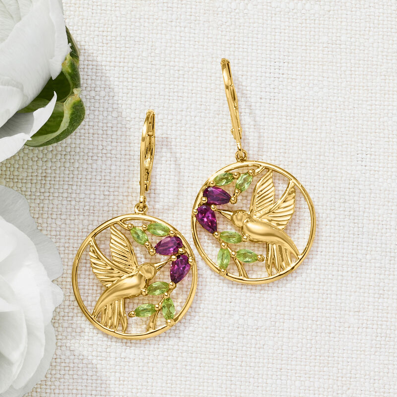 .90 ct. t.w. Rhodolite Garnet and .70 ct. t.w. Peridot Hummingbird Drop Earrings in 18kt Gold Over Sterling image number 2