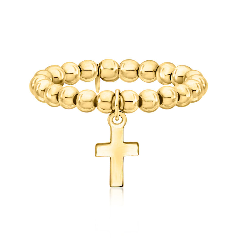 3mm 14kt Yellow Gold Bead Stretch Ring with Cross Charm. Small (5 - 6) image number 0