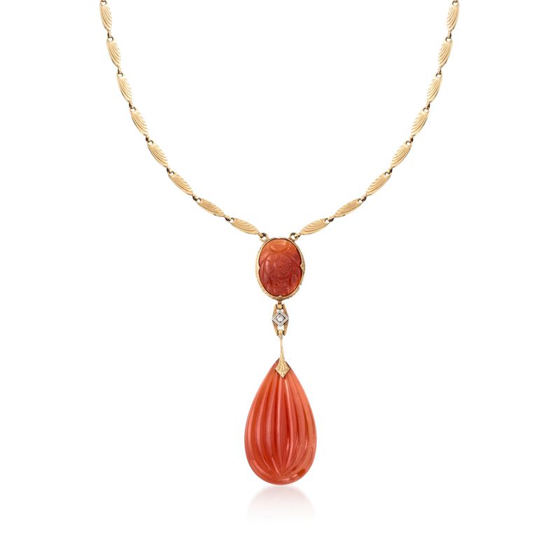 C. 1935 Vintage Carnelian Drop Necklace with Diamond Accents in 14kt Yellow Gold. 15&quot; image number 1