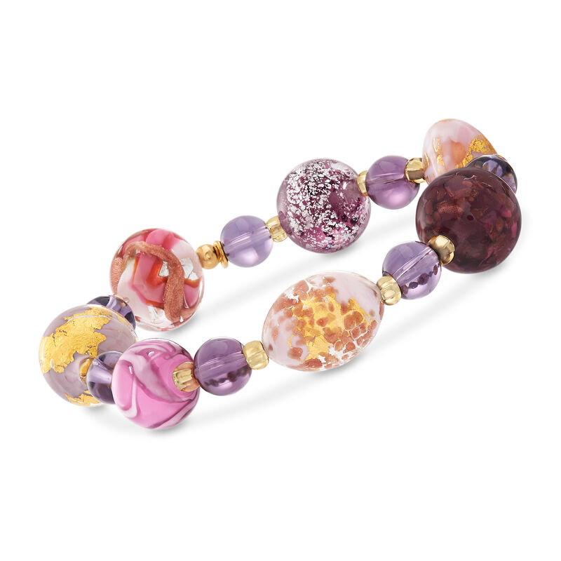 Italian Multicolored Murano Glass Bead Stretch Bracelet in 18kt Yellow Gold Over Sterling image number 0