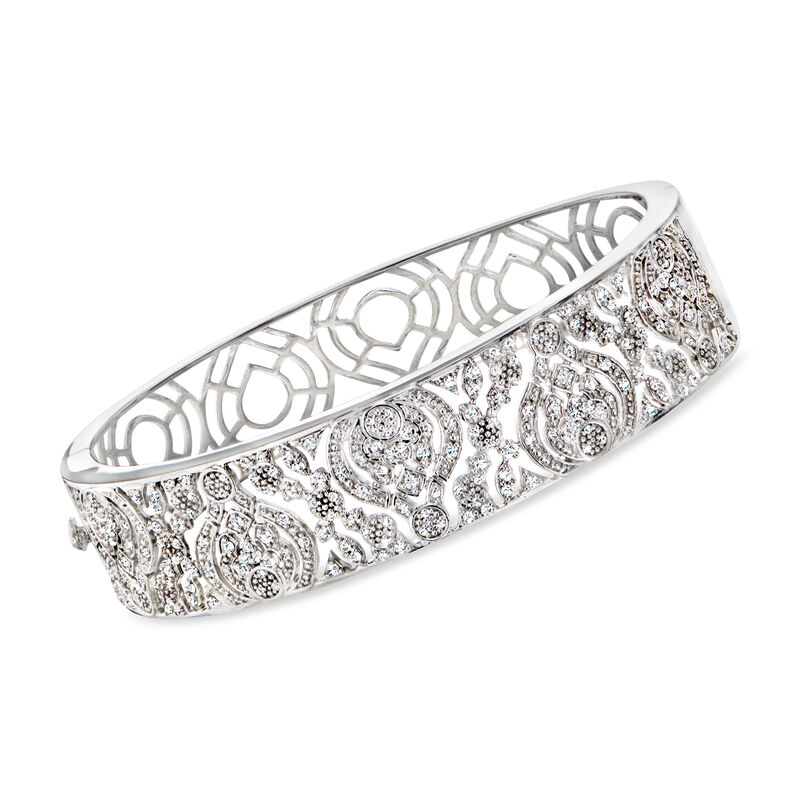 1.00 ct. t.w. Diamond Filigree Openwork Bangle Bracelet in Sterling Silver . 7&quot; image number 0