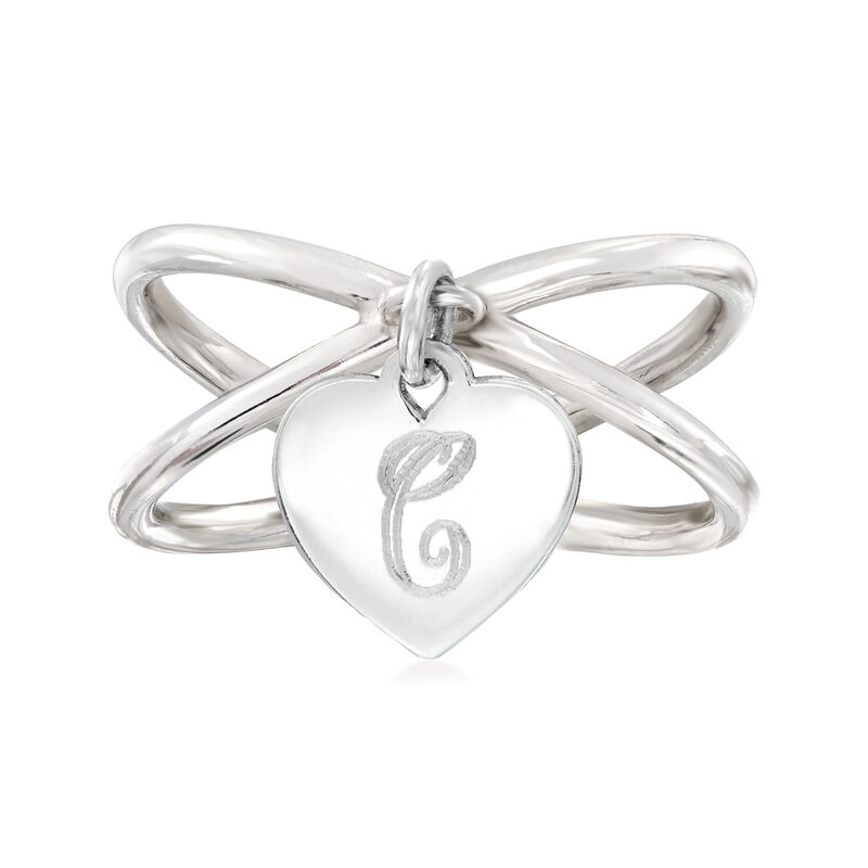 Sterling Silver Personalized Single-Initial Heart Charm Crisscross Ring image number 0