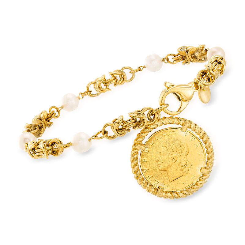 Italian 6mm Cultured Pearl and Replica Lira Coin Byzantine Bracelet in 18kt Gold Over Sterling  image number 0