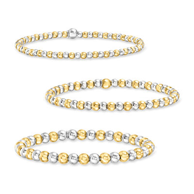 Italian Sterling Silver and 18kt Gold Over Sterling Jewelry Set: Three 3-5mm Bead Stretch Bracelets