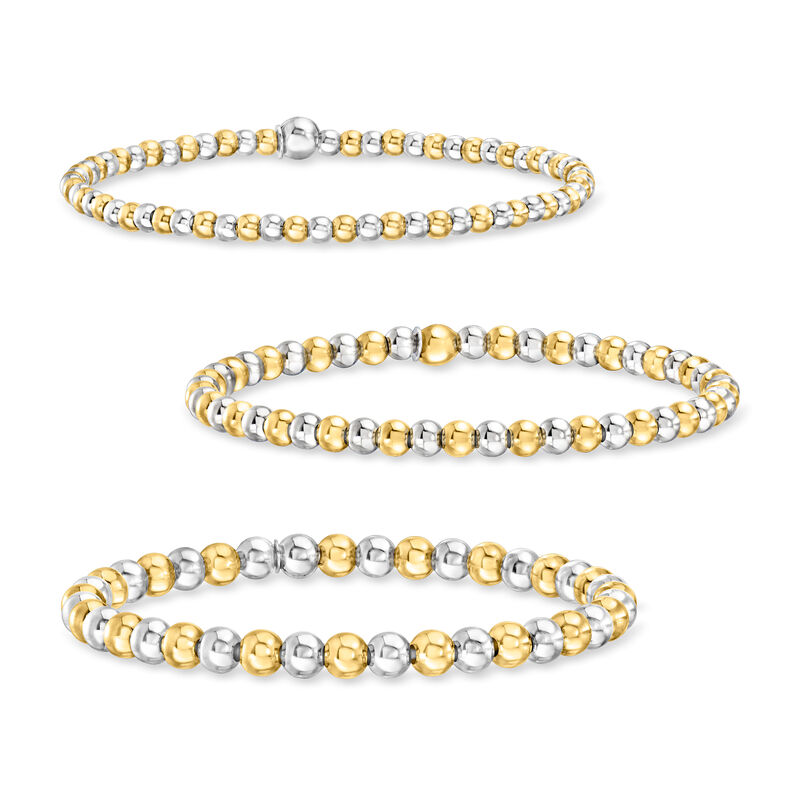 Italian Sterling Silver and 18kt Gold Vermeil Jewelry Set: Three 3-5mm Bead Stretch Bracelets. 7&quot; image number 0