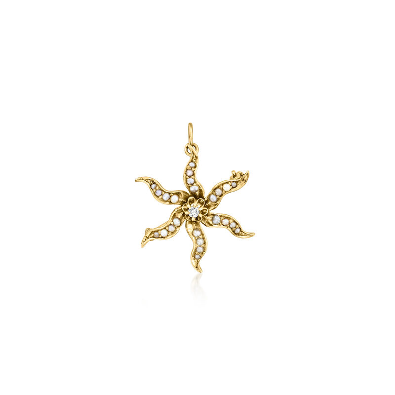 C. 1930 Vintage 18kt Yellow Gold Flower Pin/Pendant with Seed Pearls and Single Diamond image number 0