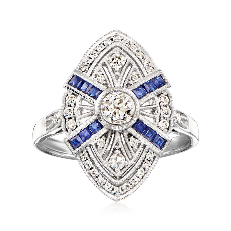 C. 2000 Vintage .45 ct. t.w. Diamond and .26 ct. t.w. Sapphire Navette Ring in Platinum. Size 6.25 image number 0