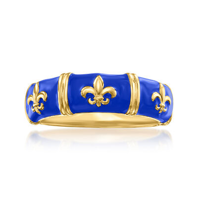 Blue Enamel Fleur-De-Lis Ring in 18kt Gold Over Sterling