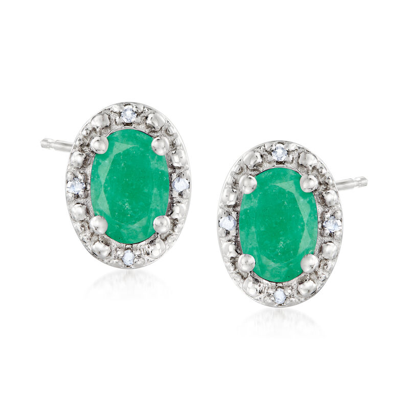 .90 ct. t.w. Emerald Stud Earrings with Diamond Accents in Sterling Silver image number 0