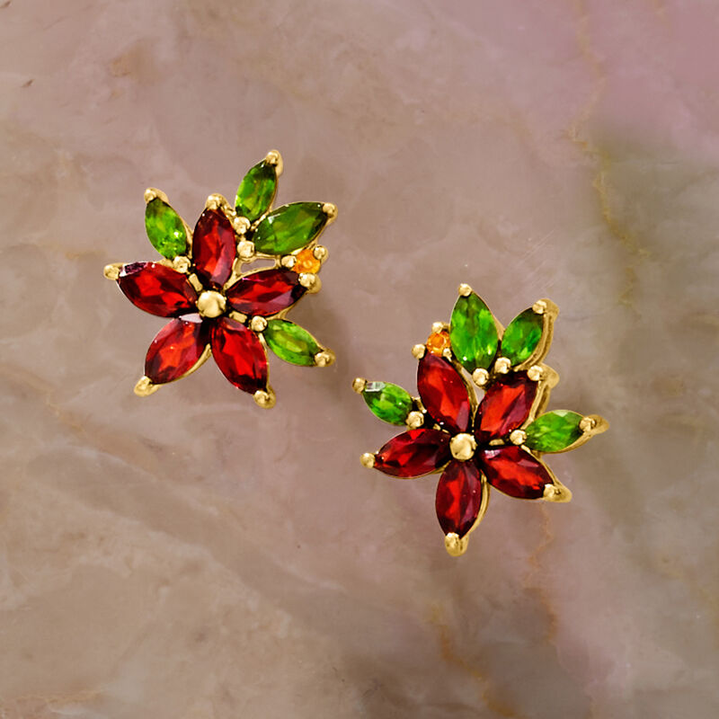2.62 ct. t.w. Multi-Gemstone Flower Earrings in 18kt Gold Over Sterling  image number 2