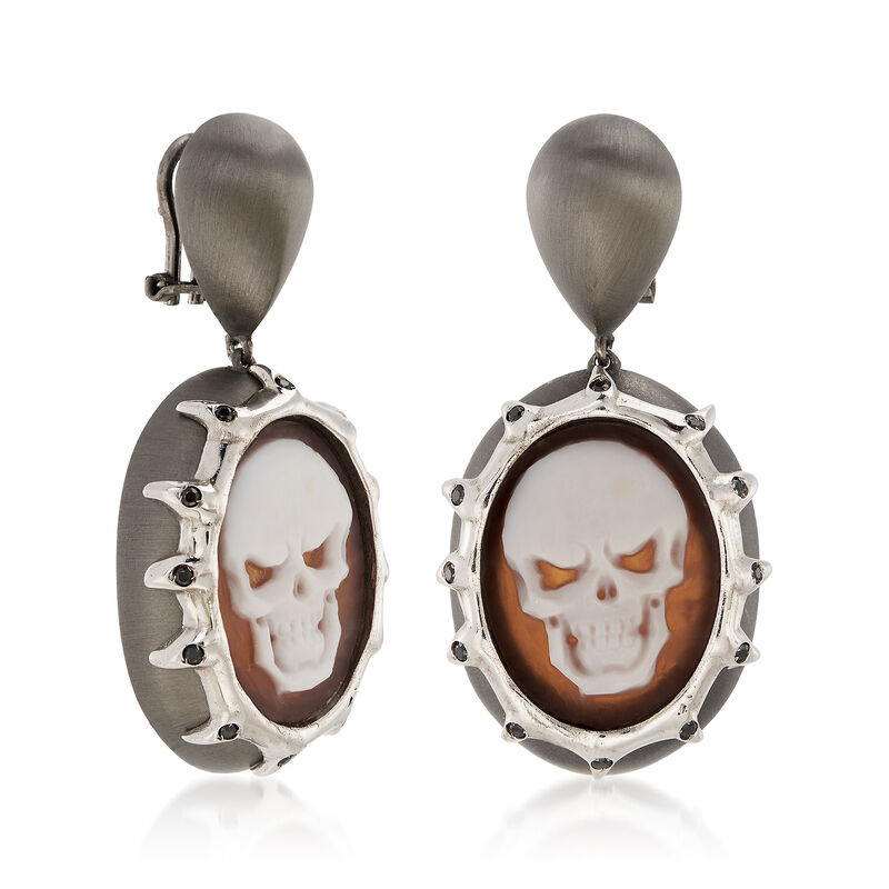 Italian .30 ct. t.w. Black CZ Skull Cameo Drop Earrings in Sterling Silver image number 2