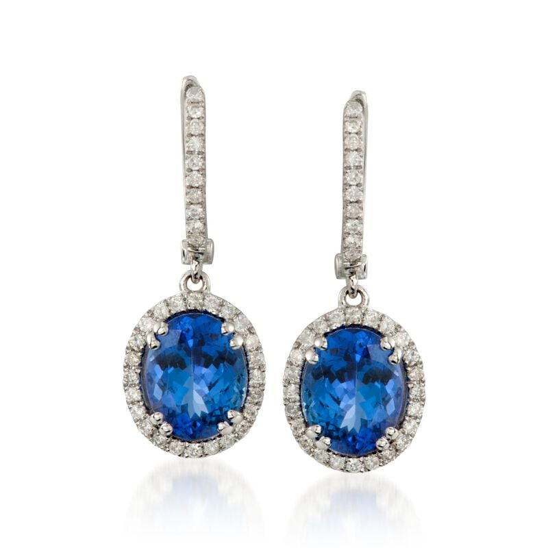 4.65 ct. t.w. Tanzanite and .50 ct. t.w. Diamond Drop Hoop Earrings in 14kt White Gold image number 0