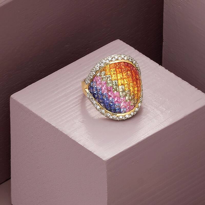 3.20 ct. t.w. Rainbow Sapphire and .43 ct. t.w. Diamond Ring in 14kt Yellow Gold image number 4