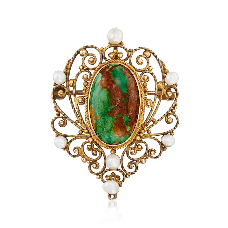 C. 1950 Vintage Turquoise Filigree Pin/Pendant in 14kt Yellow Gold image number 0