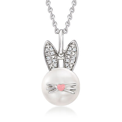 9-9.5mm Cultured Pearl Bunny Pendant Necklace with Diamonds in Sterling Silver