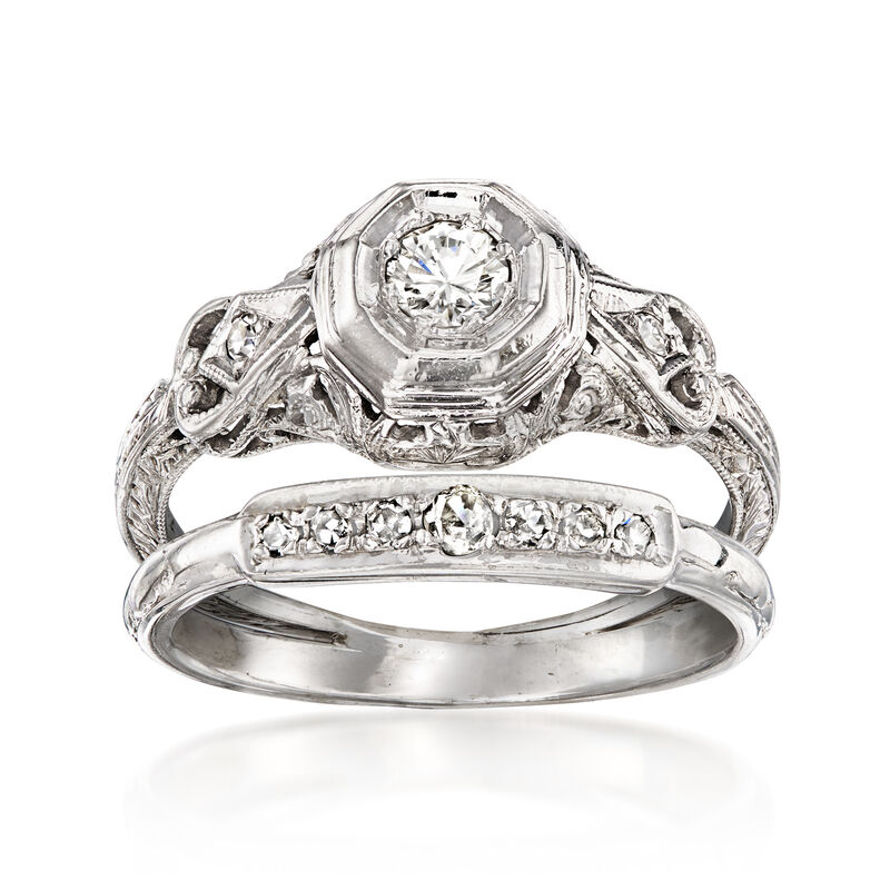 C. 1970 Vintage .33 ct. t.w. Diamond Bridal Set: Filigree Engagement and Wedding Rings in 18kt White Gold. Size 5.5 image number 0
