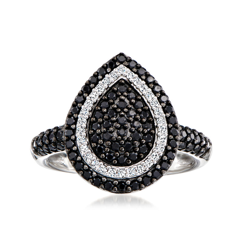 1.60 ct. t.w. Black Spinel and .60 ct. t.w. White Zircon Teardrop Ring in Sterling Silver image number 0
