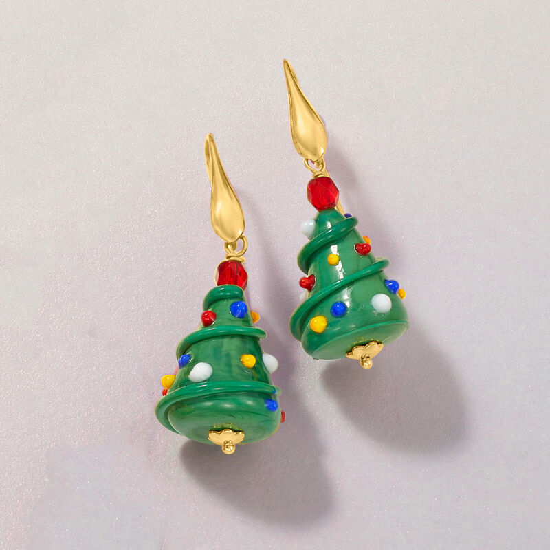 Italian Murano Glass Christmas Tree Drop Earrings in 18kt Gold Over Sterling image number 3
