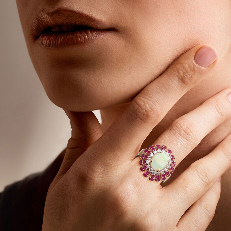 C. 1980 Vintage Opal Ring with 2.40 ct. t.w. Rubies and .50 ct. t.w. Diamonds in 14kt Yellow Gold. Size 7.25 image number 1