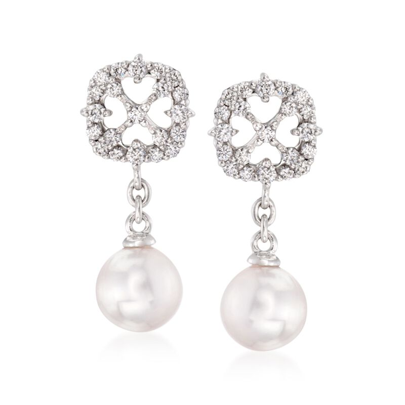 Mikimoto &quot;Cherish&quot; 7mm A+ Akoya Pearl Drop Earrings with .45 ct. t.w. Diamonds in 18kt White Gold  image number 0