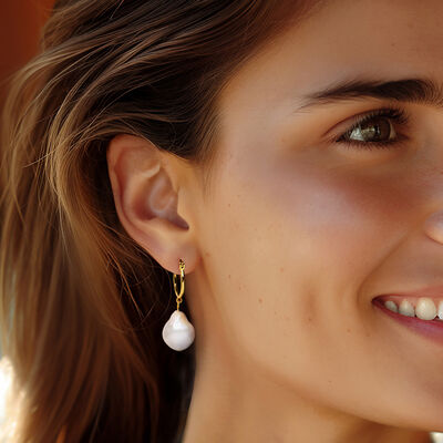 12-13mm Cultured Pearl Hoop Drop Earrings in 18kt Gold Over Sterling