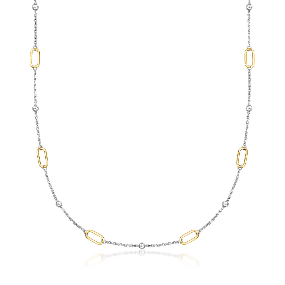 18kt Gold Vermeil and Sterling Silver Paper Clip Link Bead Station Necklace. 16"