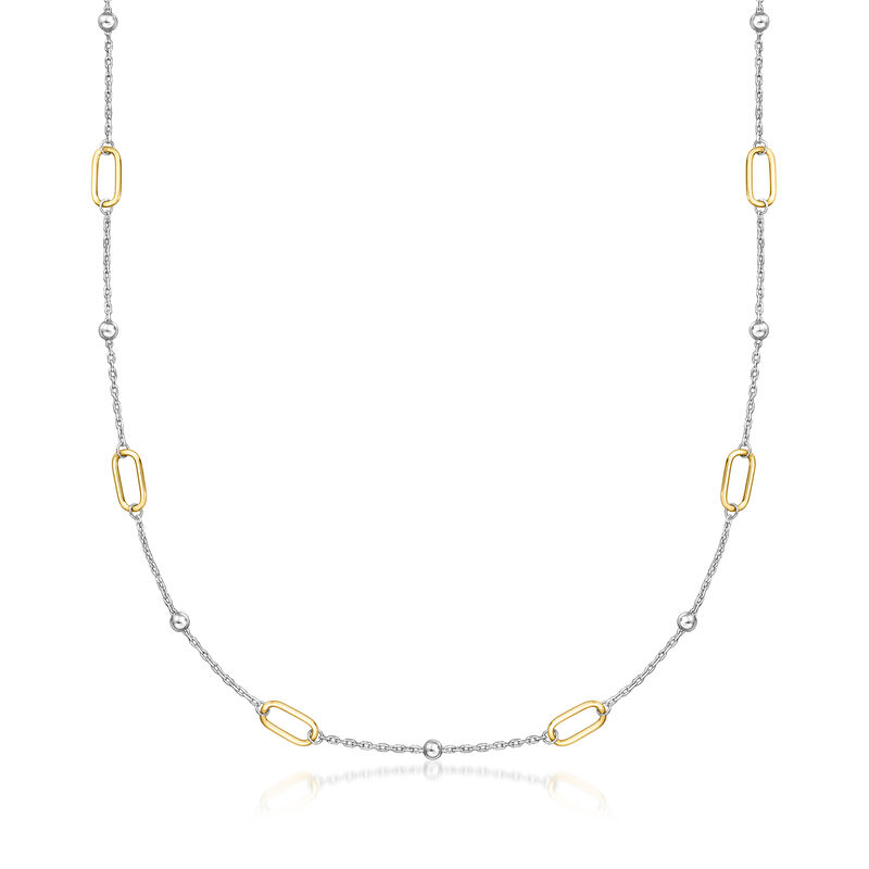 18kt Gold Vermeil and Sterling Silver Paper Clip Link Bead Station Necklace. 16&quot; image number 1