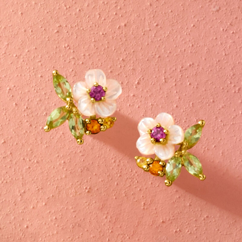 Mother-of-Pearl and .48 ct. t.w. Multi-Gemstone Flower Earrings in 18kt Gold Over Sterling image number 2