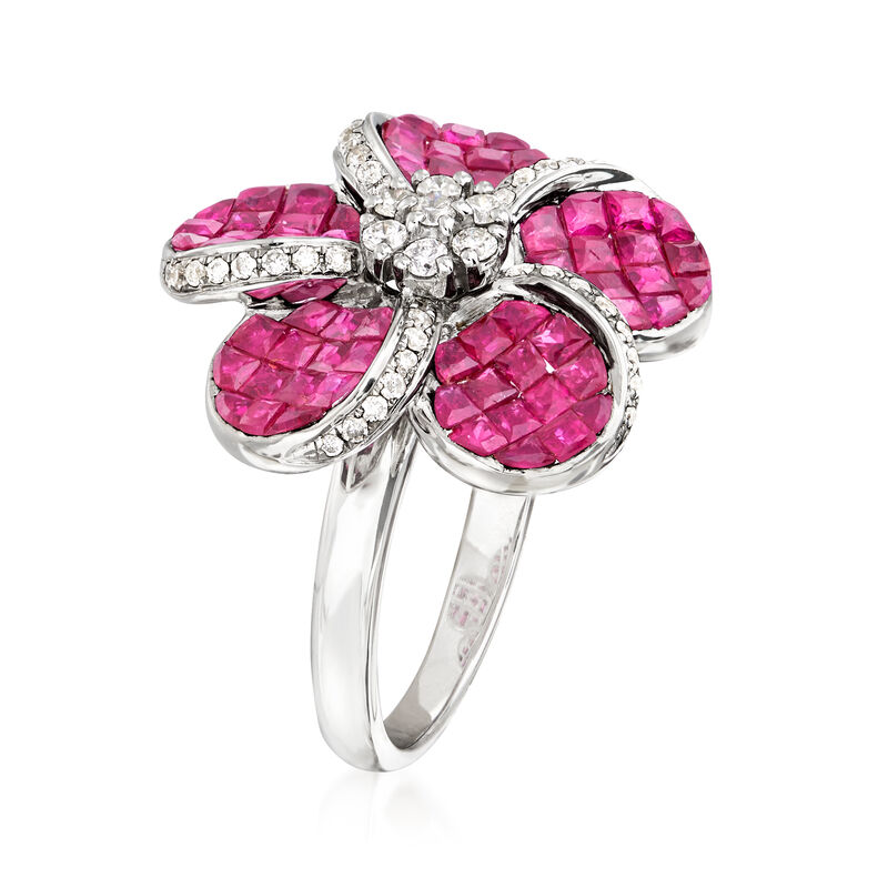 3.00 ct. t.w. Ruby and .35 ct. t.w. Diamond Flower Ring in 18kt White Gold image number 2